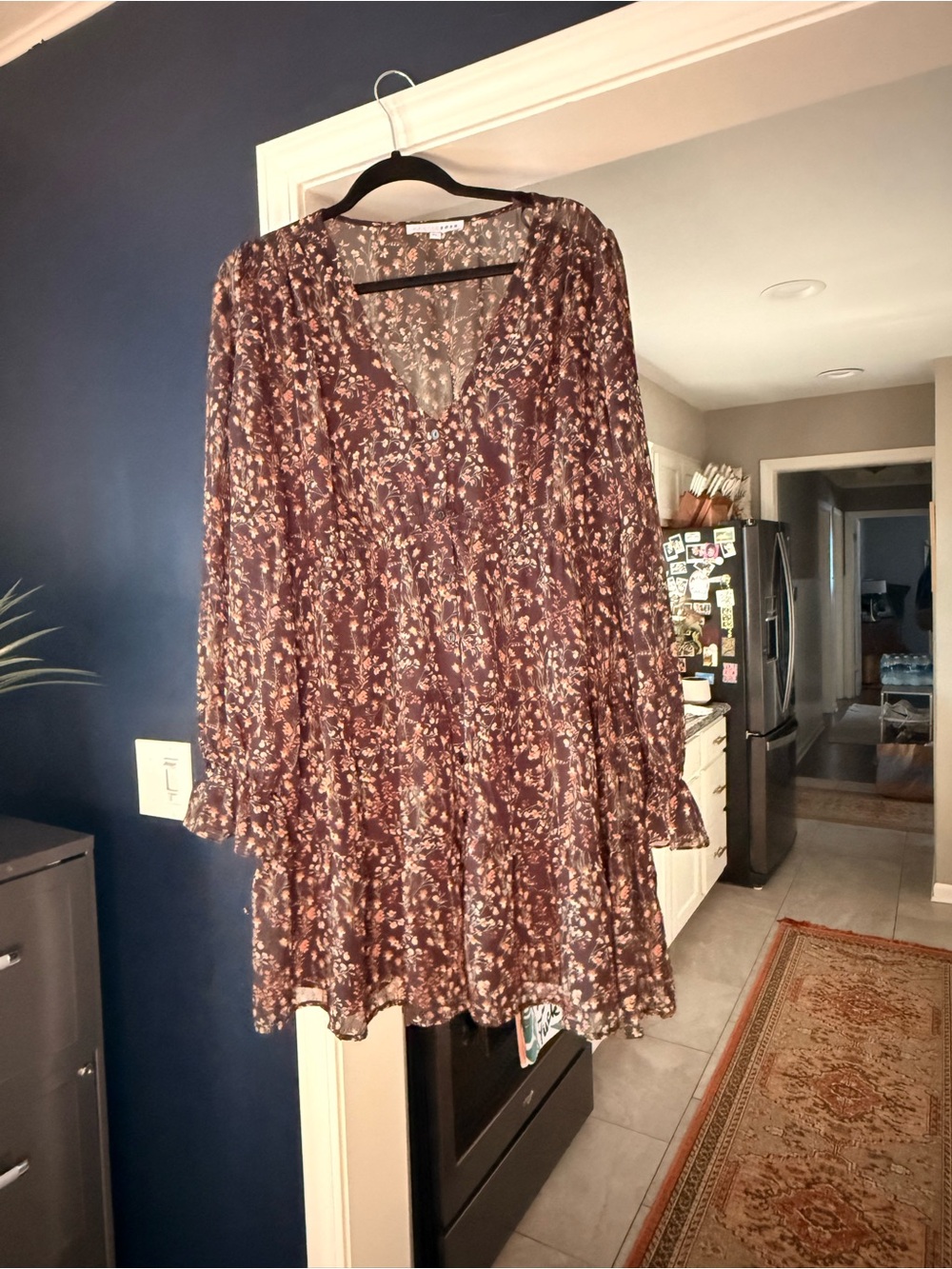 Baltic Born Flowy Brown Floral V-Neck Long Sleeve Mini Dress
